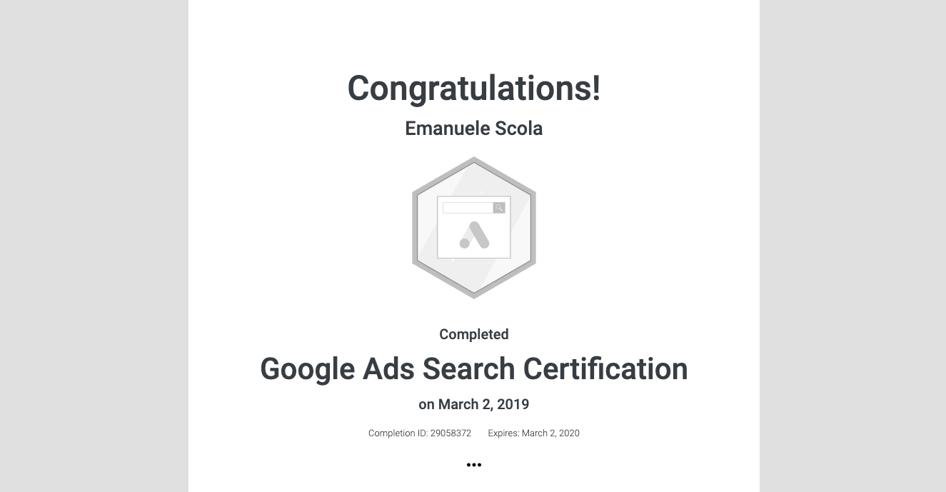 Certificazione Google Ads Search Certification